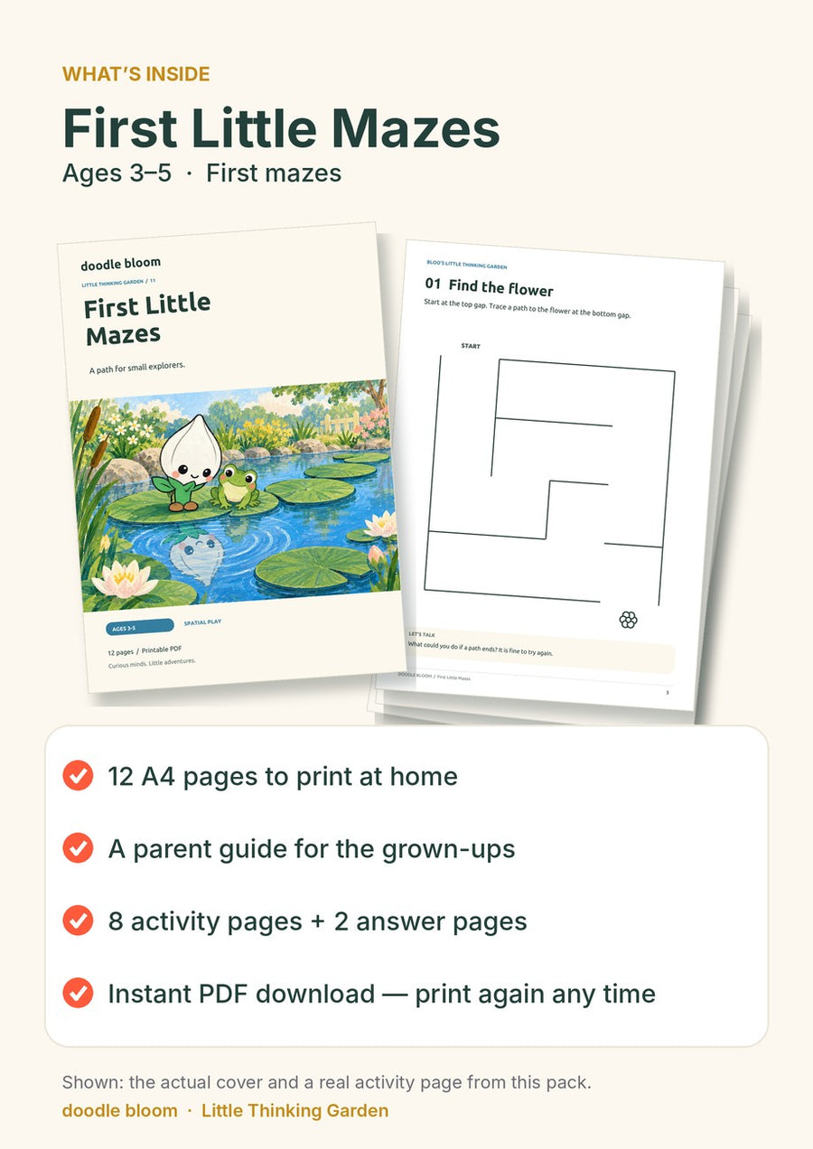 First Little Mazes: what's inside — 12 A4 pages with a parent guide, 8 activity pages and 2 answer pages