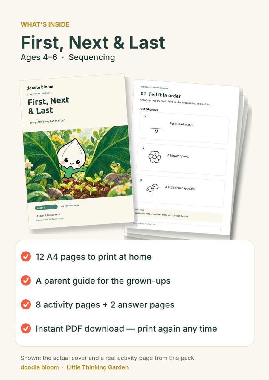 First, Next & Last: what's inside — 12 A4 pages with a parent guide, 8 activity pages and 2 answer pages
