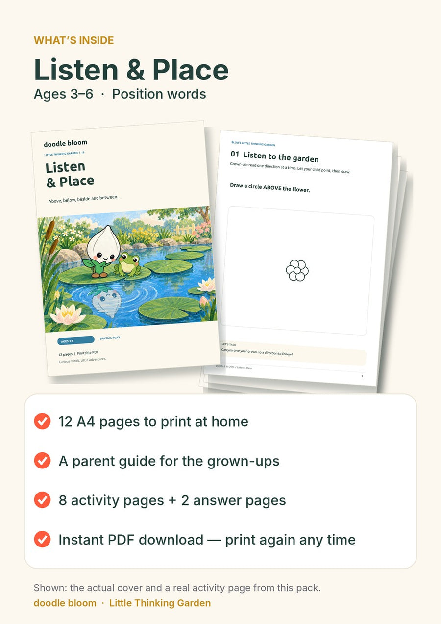 Listen & Place: what's inside — 12 A4 pages with a parent guide, 8 activity pages and 2 answer pages