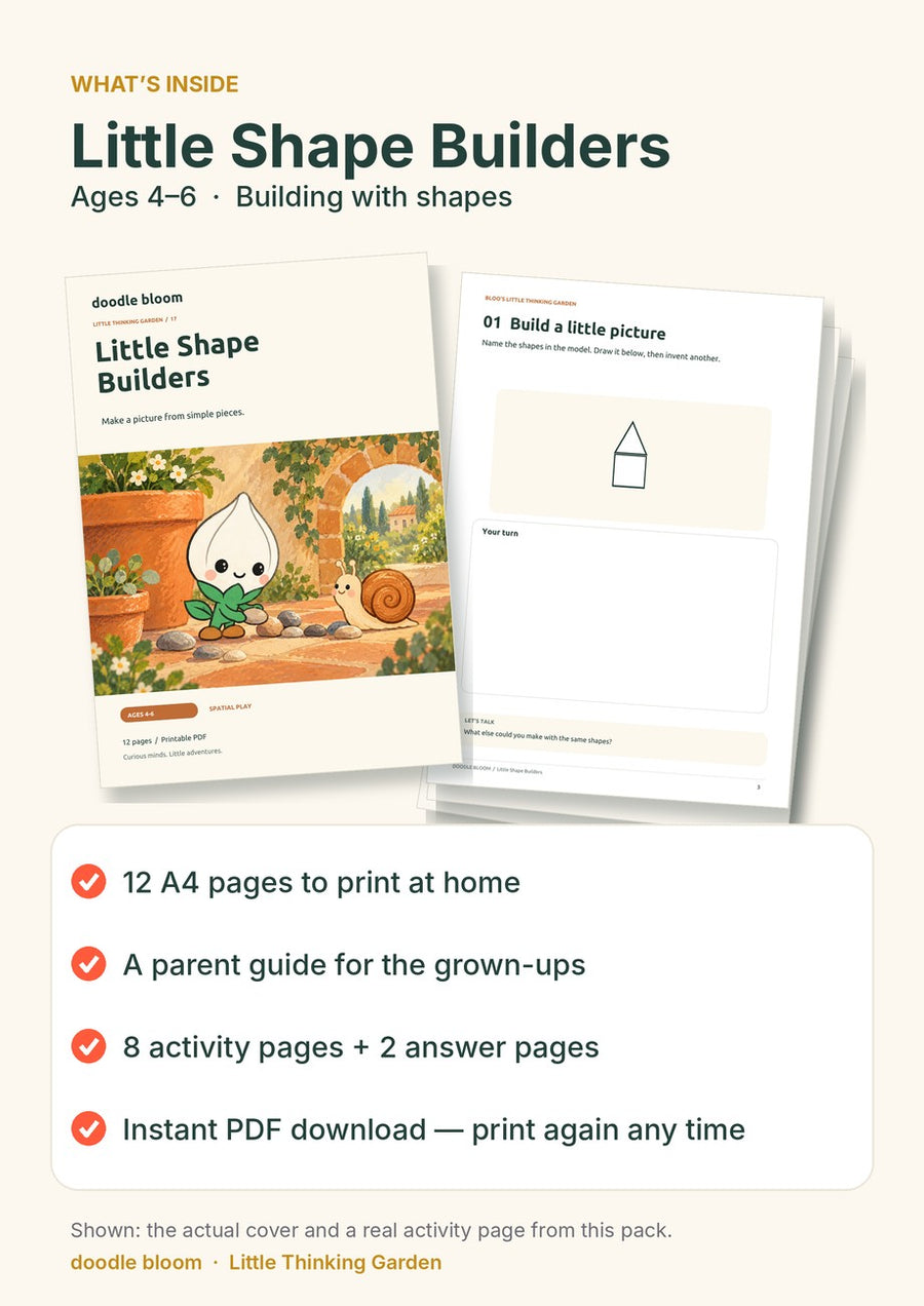 Little Shape Builders: what's inside — 12 A4 pages with a parent guide, 8 activity pages and 2 answer pages