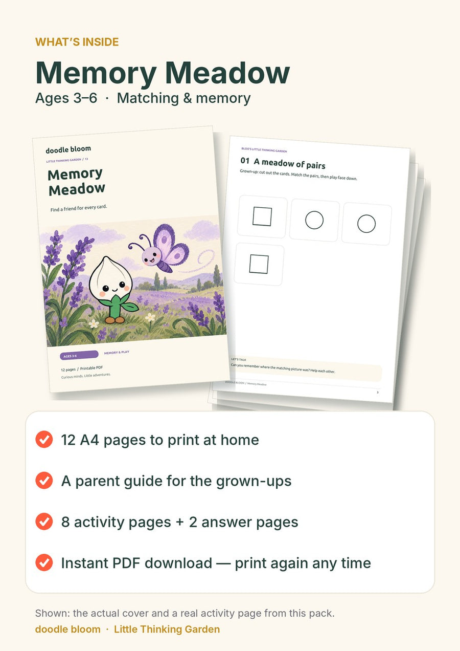 Memory Meadow: what's inside — 12 A4 pages with a parent guide, 8 activity pages and 2 answer pages
