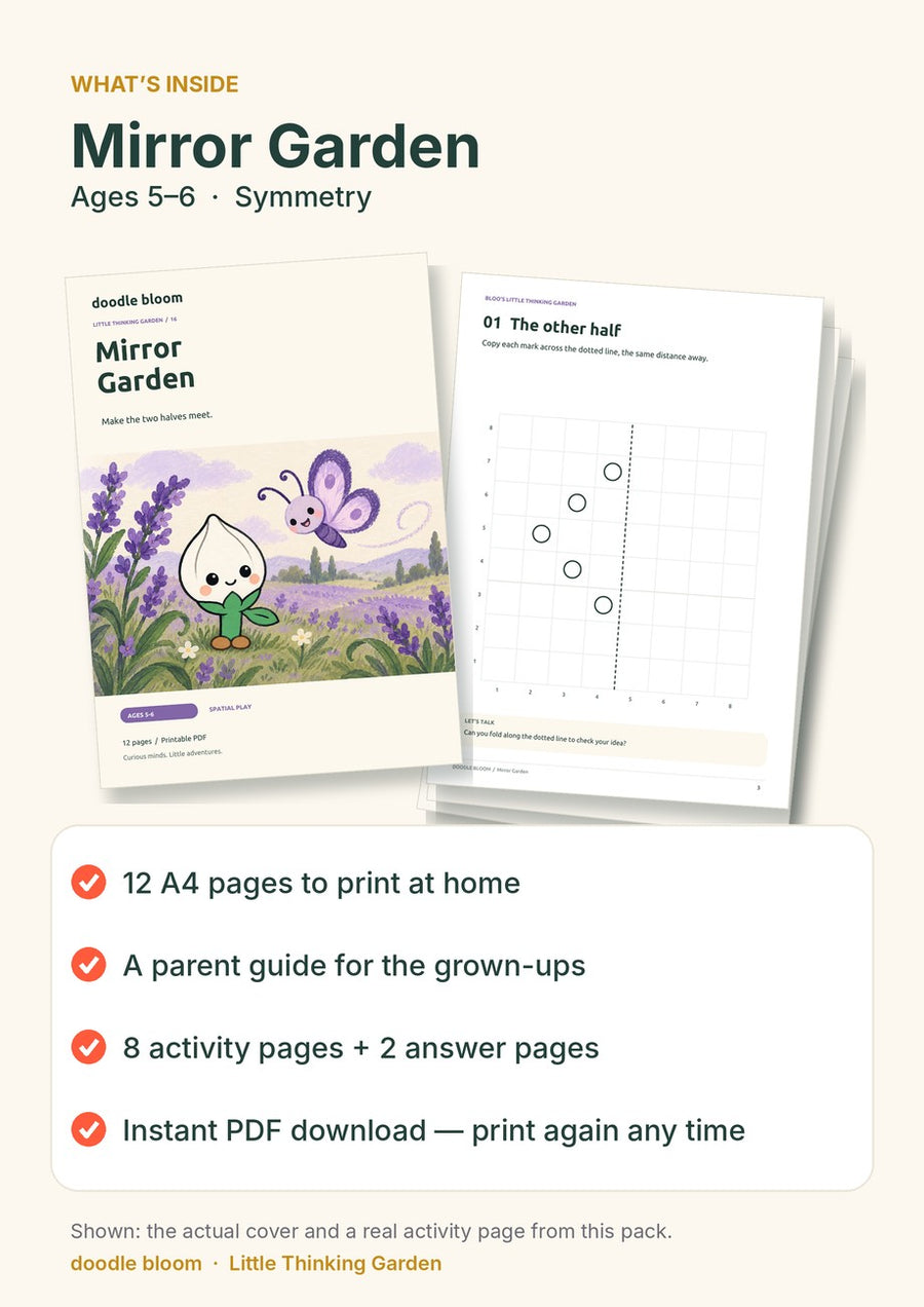 Mirror Garden: what's inside — 12 A4 pages with a parent guide, 8 activity pages and 2 answer pages