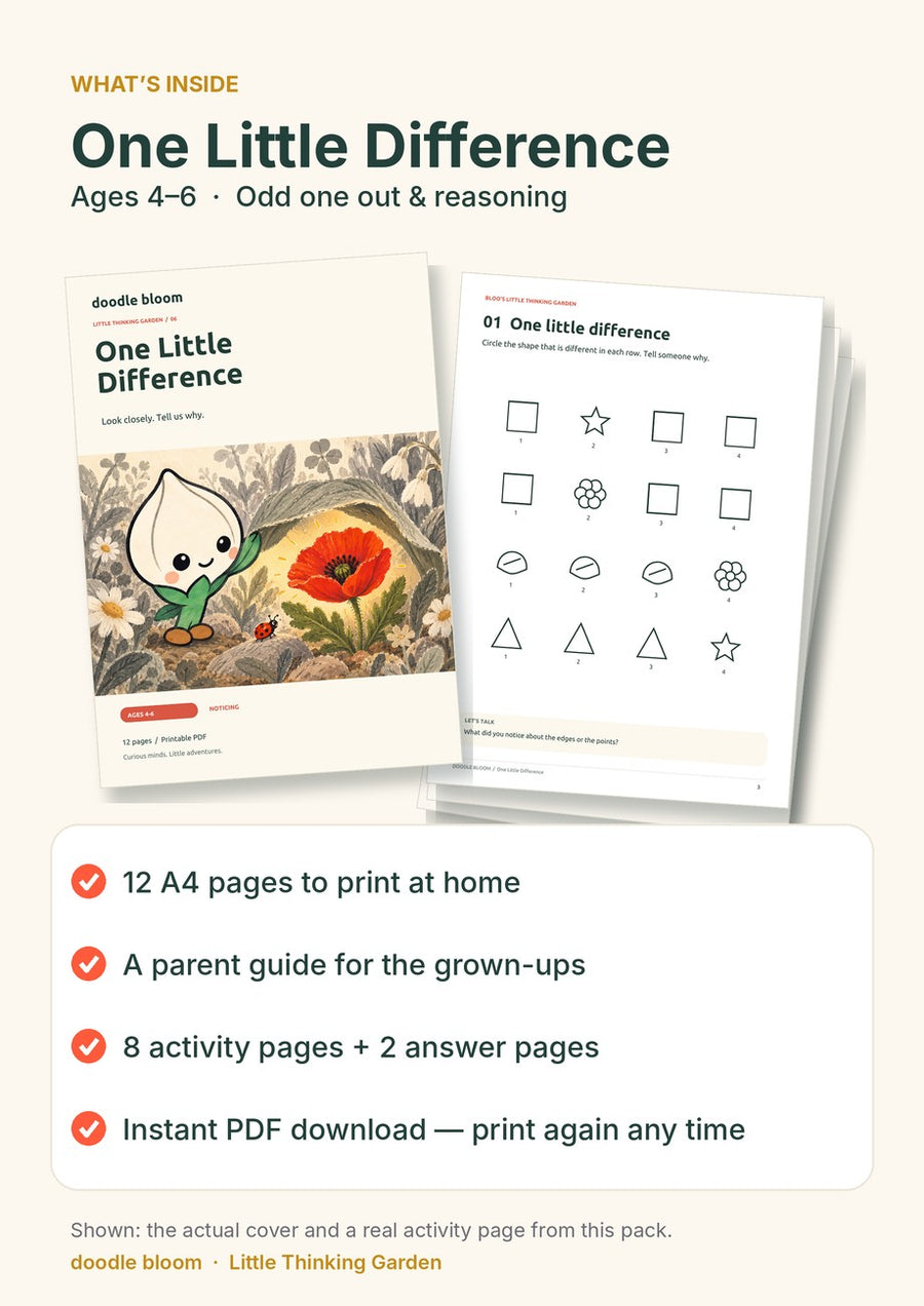 One Little Difference: what's inside — 12 A4 pages with a parent guide, 8 activity pages and 2 answer pages
