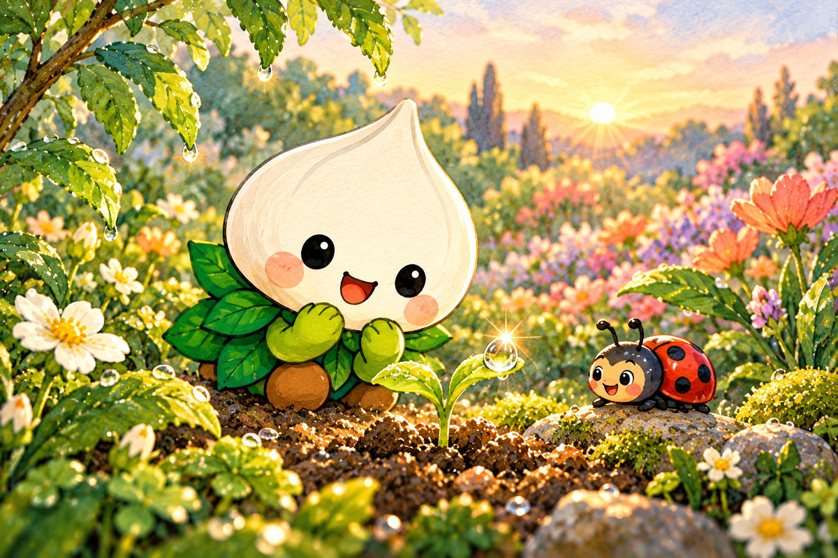Blue and a ladybird admire a sparkling dewdrop on a new sprout at sunrise.