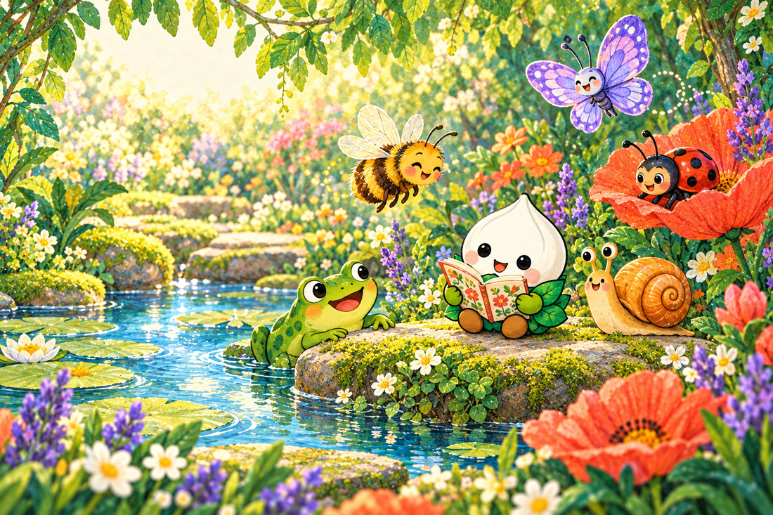 Blue reads a floral book by the pond with five colourful garden friends.