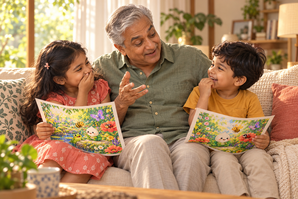 An imagined scene of a grandfather sharing a joyful story moment with two children.