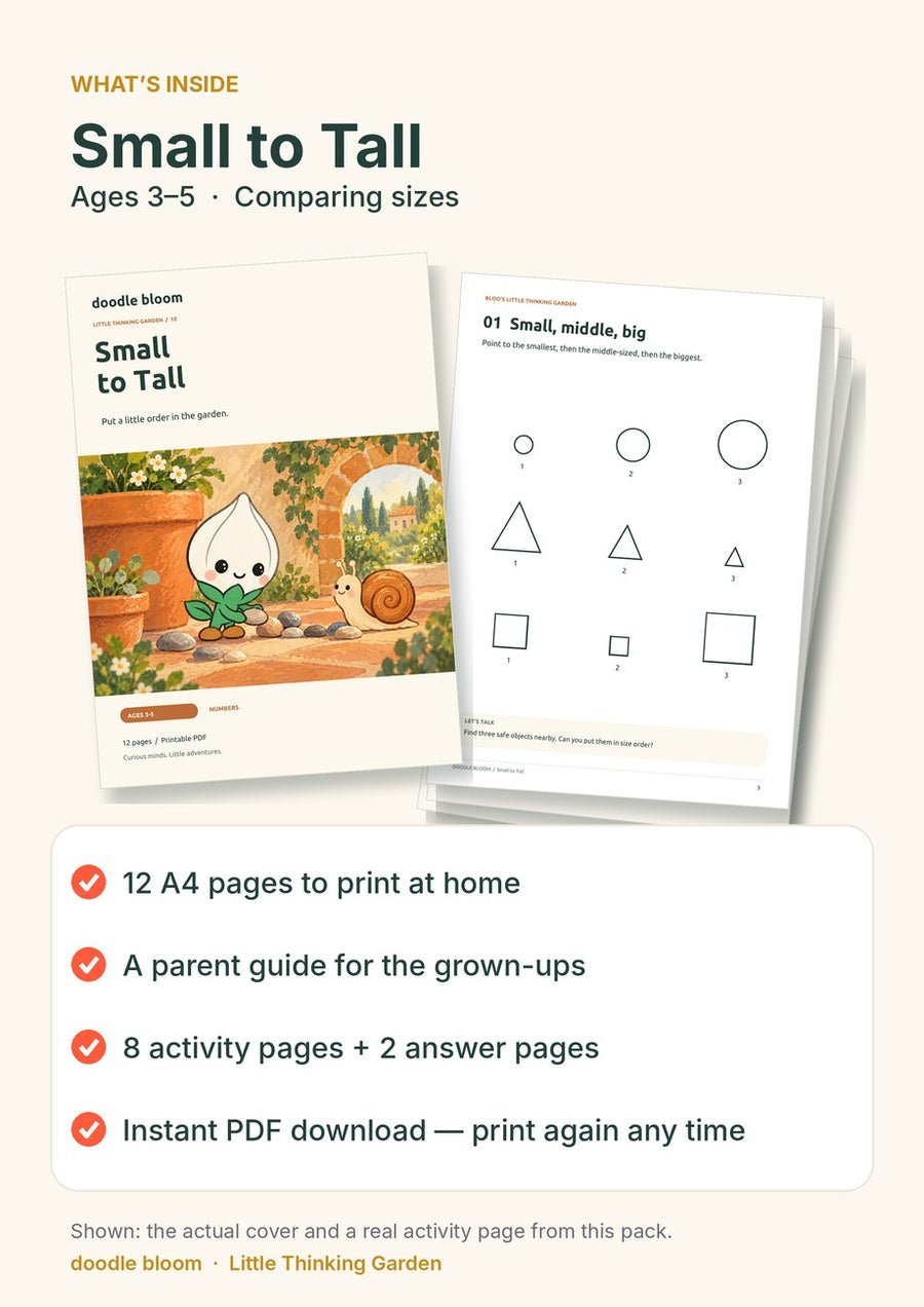 Small to Tall: what's inside — 12 A4 pages with a parent guide, 8 activity pages and 2 answer pages