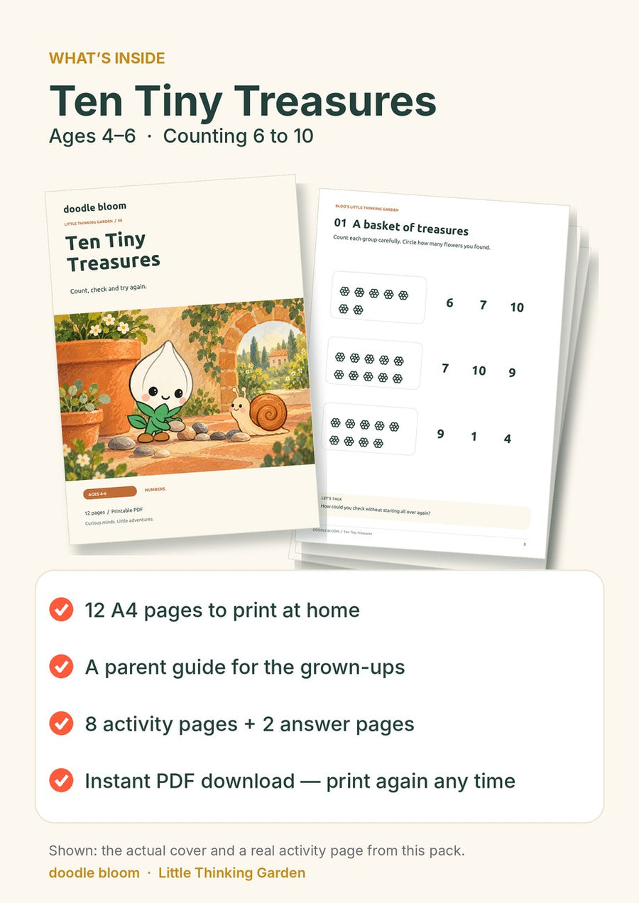 Ten Tiny Treasures: what's inside — 12 A4 pages with a parent guide, 8 activity pages and 2 answer pages