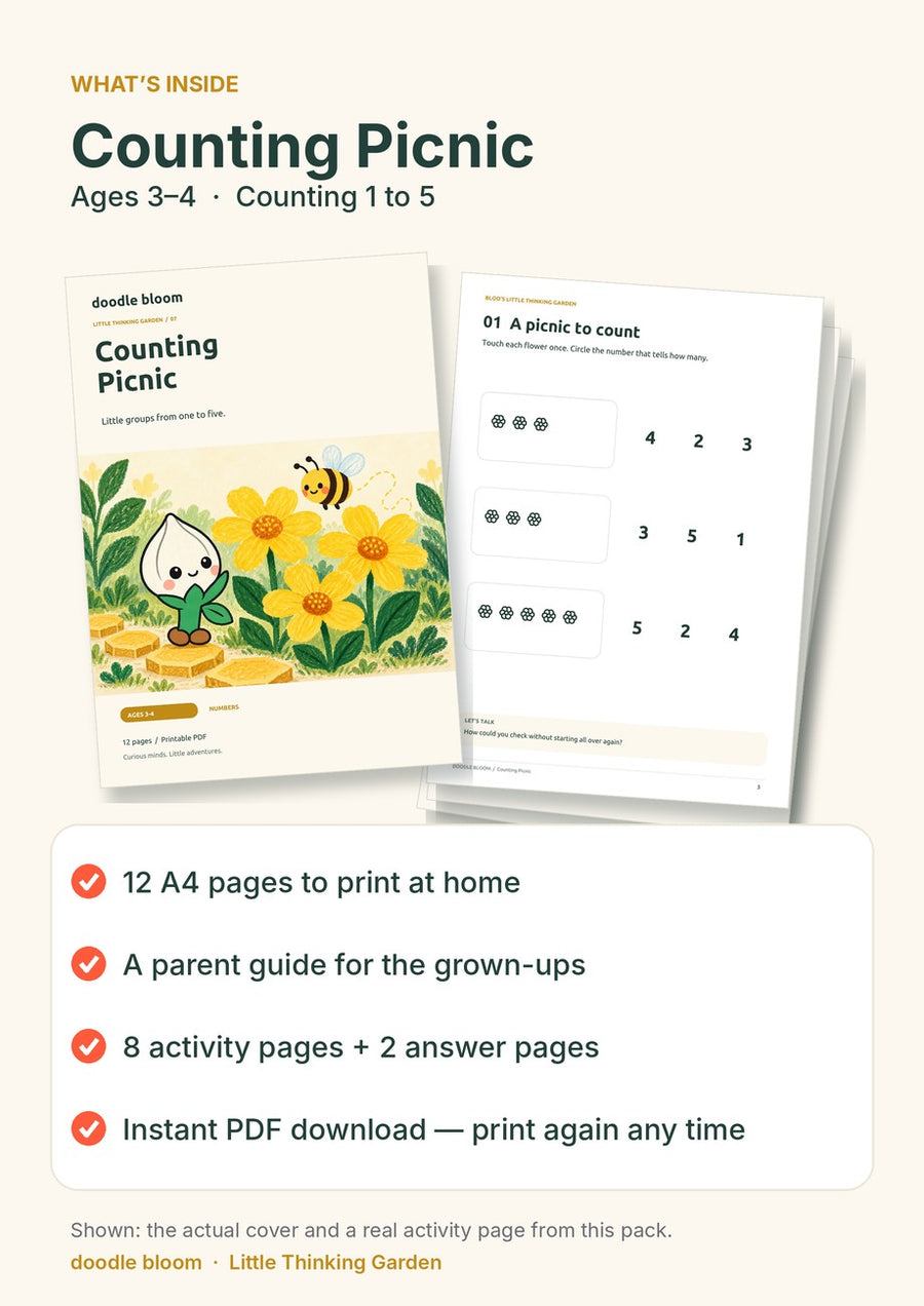 Counting Picnic: what's inside — 12 A4 pages with a parent guide, 8 activity pages and 2 answer pages