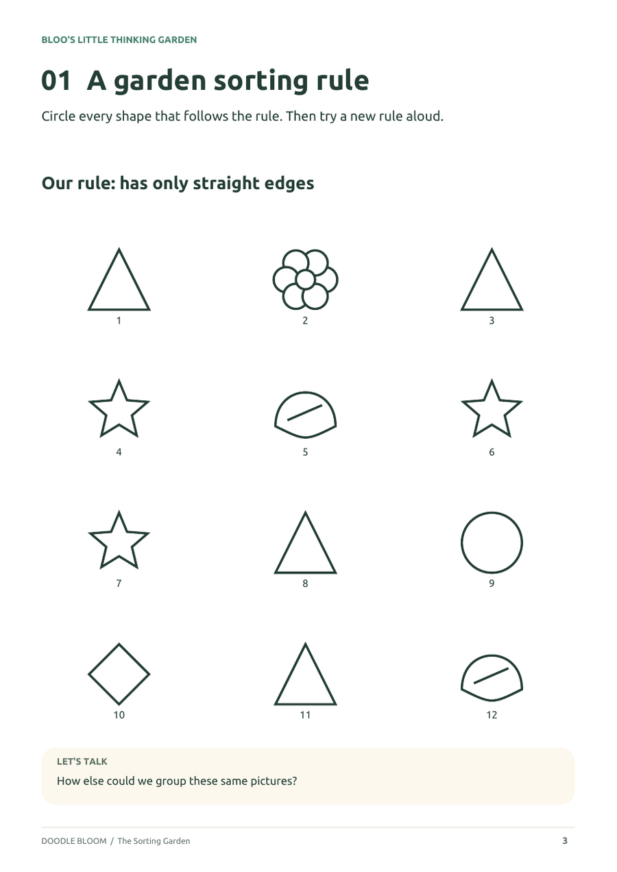 The Sorting Garden: real activity page with the rule has only straight edges
