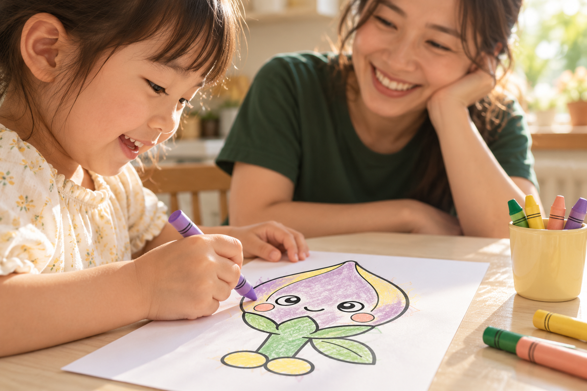 AI-created illustrative scene of a mother and child colouring a print-at-home Bloo page.