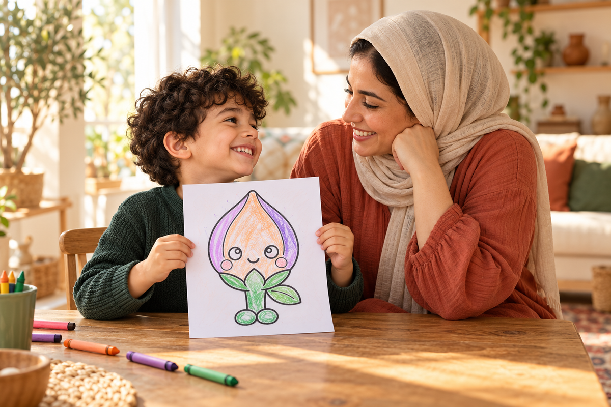 AI-created illustrative scene of a child proudly sharing a coloured Bloo page with his mother.