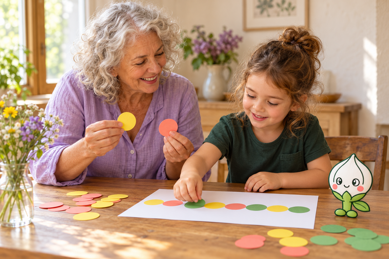 AI-created illustrative scene of a grandmother and child exploring a paper pattern.