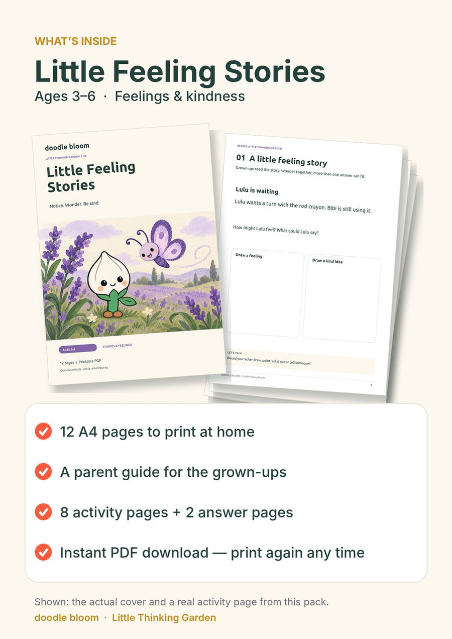 Little Feeling Stories: what's inside — 12 A4 pages with a parent guide, 8 activity pages and 2 answer pages