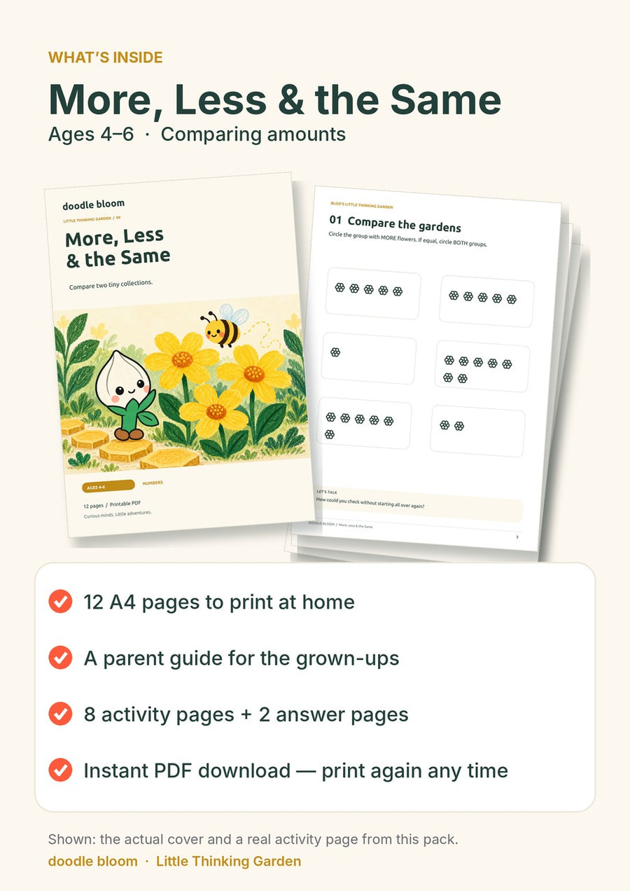More, Less & the Same: what's inside — 12 A4 pages with a parent guide, 8 activity pages and 2 answer pages
