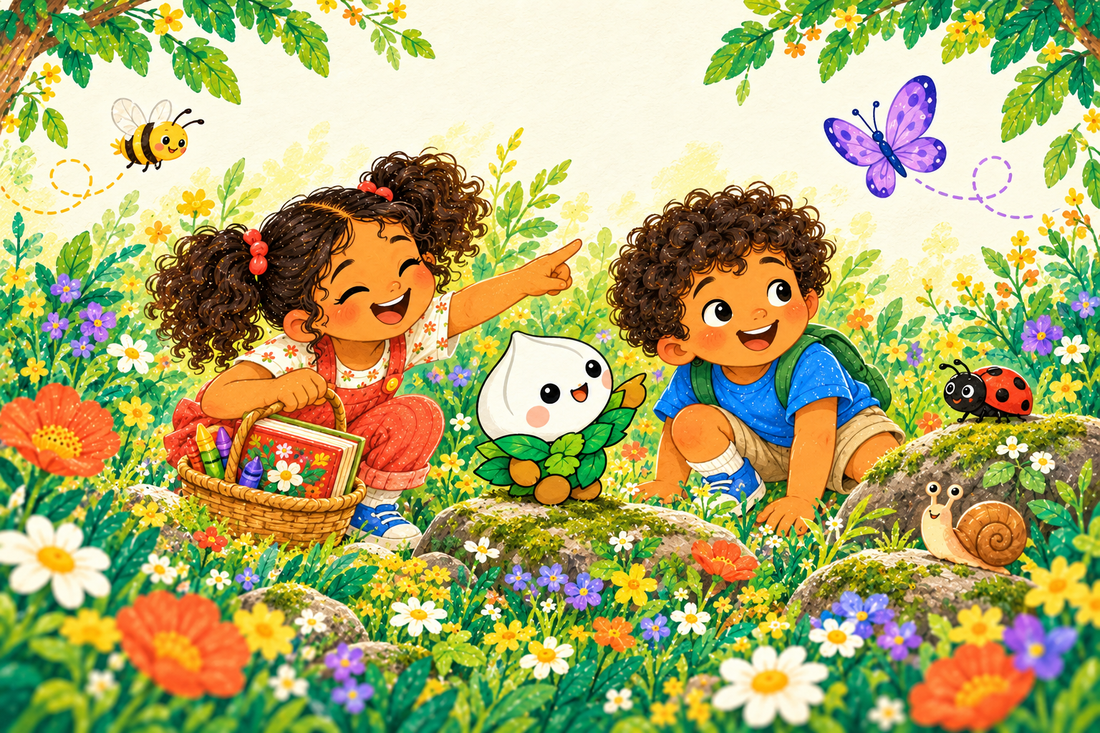 Blue and two children discover butterflies, a bee and a snail in a colourful garden.