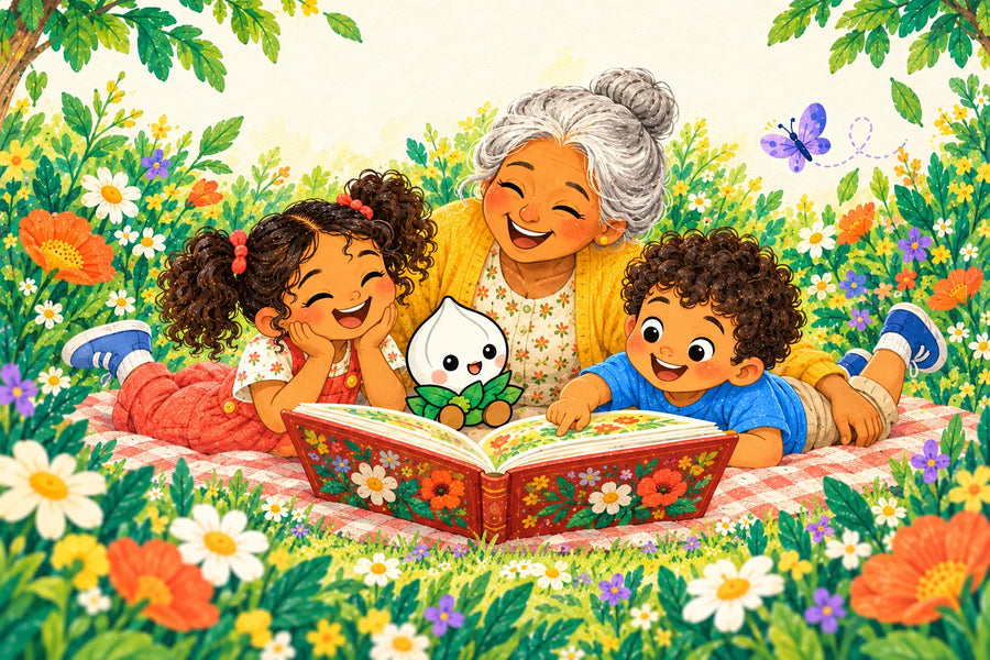 Blue and the children read with their grandmother.