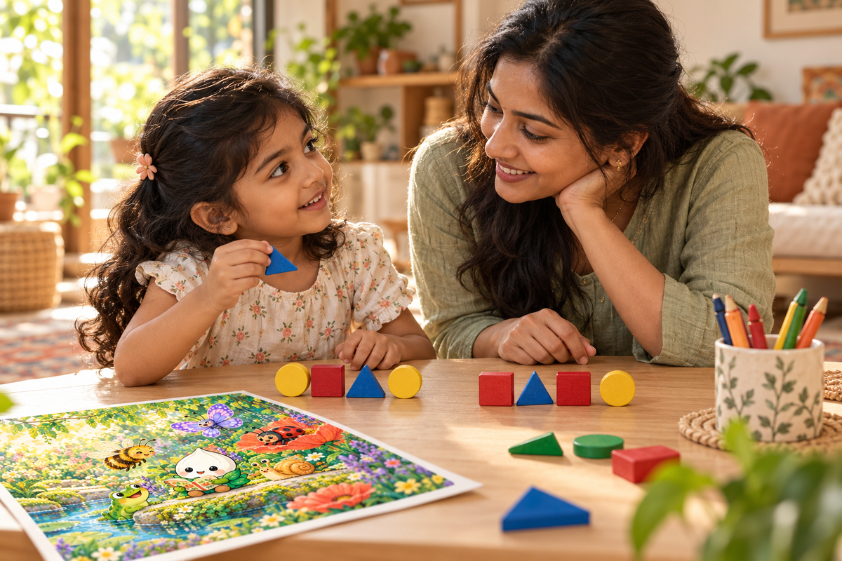 An imagined scene of a mother listening to her daughter while they explore colourful wooden shapes.