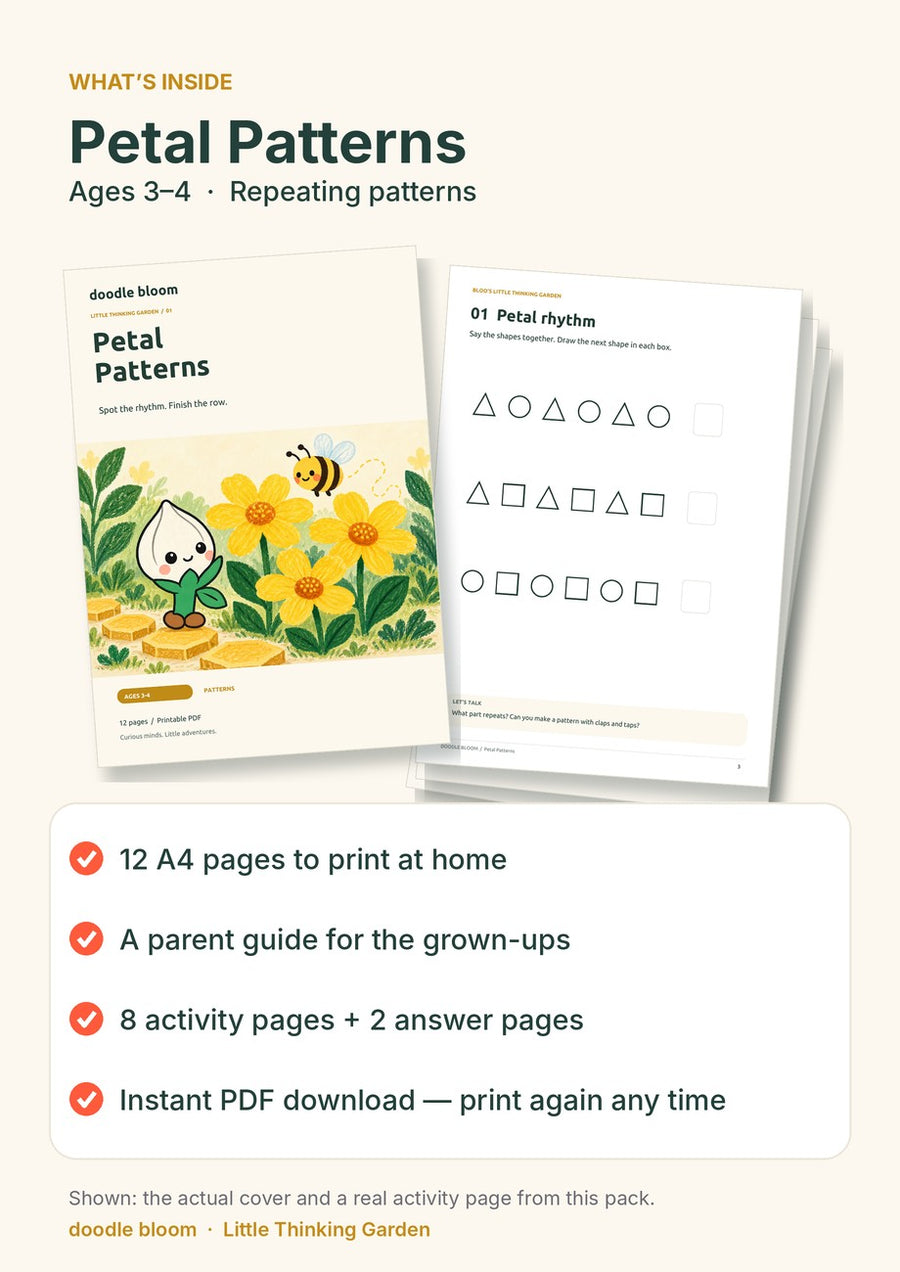 Petal Patterns: what's inside — 12 A4 pages with a parent guide, 8 activity pages and 2 answer pages