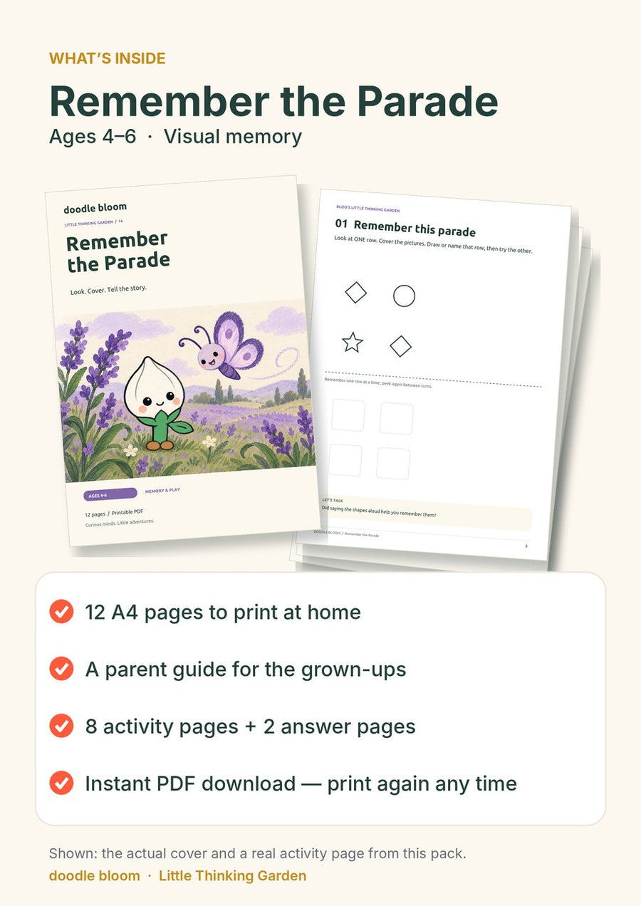 Remember the Parade: what's inside — 12 A4 pages with a parent guide, 8 activity pages and 2 answer pages