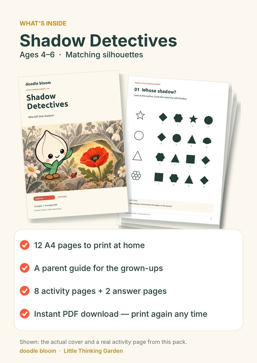 Shadow Detectives: what's inside — 12 A4 pages with a parent guide, 8 activity pages and 2 answer pages