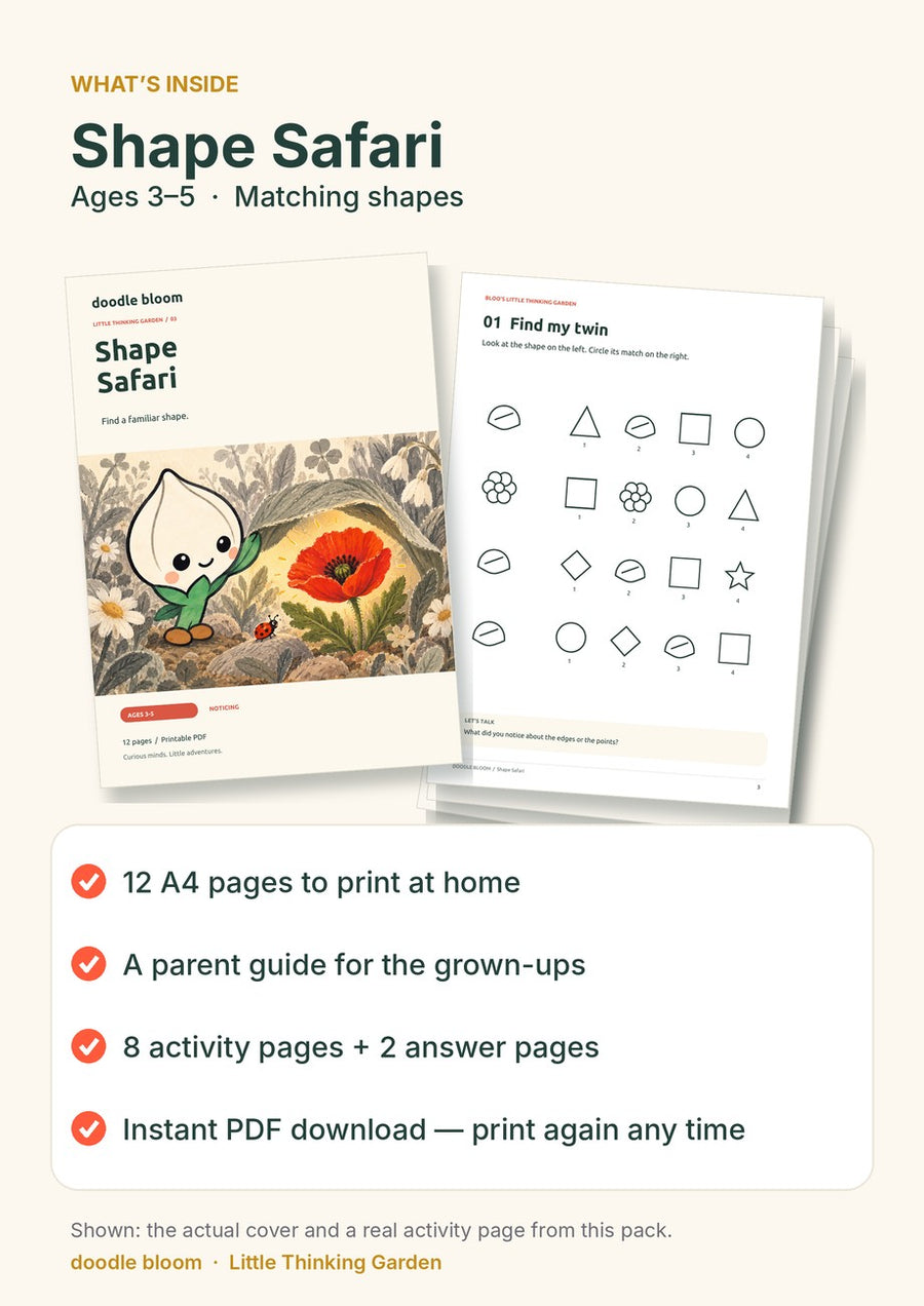 Shape Safari: what's inside — 12 A4 pages with a parent guide, 8 activity pages and 2 answer pages