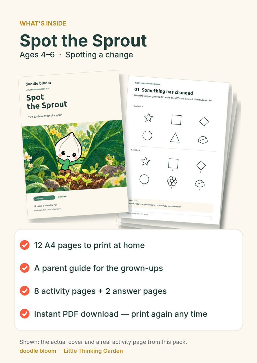 Spot the Sprout: what's inside — 12 A4 pages with a parent guide, 8 activity pages and 2 answer pages