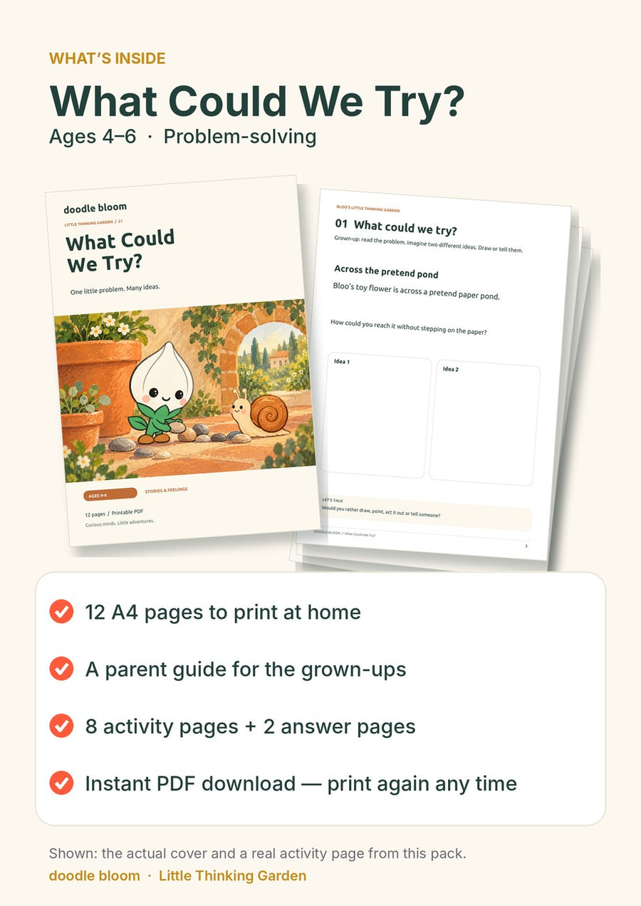 What Could We Try?: what's inside — 12 A4 pages with a parent guide, 8 activity pages and 2 answer pages